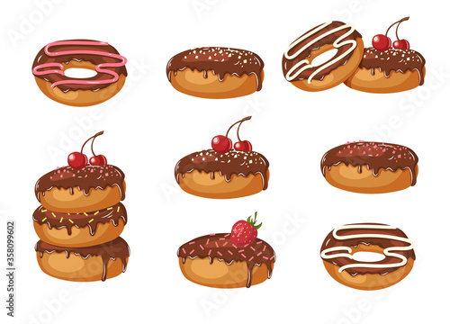 Set of Vector Sweet chocolate glazed donuts with powder, cherries, strawberries and chocolate cream isolated on white. Food design. Illustration for holidays, birthdays, banners, patterns.