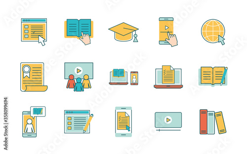 line and fill style icon set design, Education online and elearning theme Vector illustration
