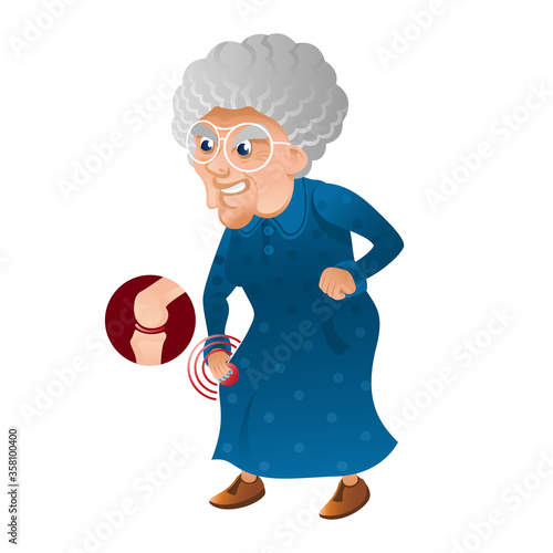 Grandmother holds her hand to her sick knee. Cartoon character grandma with painful damage. Pain in knee, trouble with leg.