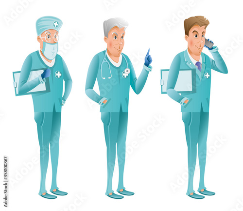 Group of character of doctors isolated on white. Vector illustration in cartoon style.
