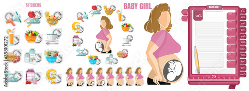 Health diary for pragnant woman. Woman Pregnant baby girl with her schedule. Template of notebook paper for notice right and stickers of diary
