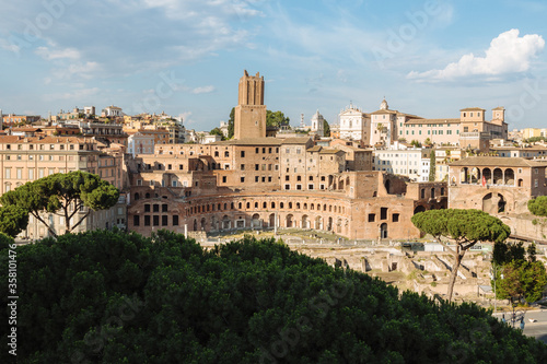 Panoramic view of city Rome with Trajan's Market and Roman forum