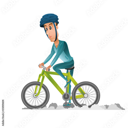 Vector cartoon style illustration. Man in sport wear riding on the bike Isolated on white background