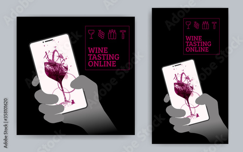 Illustration of hand holding smartphone and drawing of a glass of red wine. Idea for online wine event. Concept for wine tasting from home.