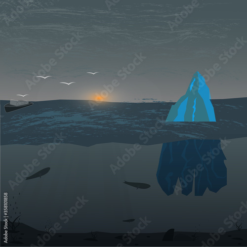 painting in cold colors. Image of an iceberg  ship and seagulls  as well as the underwater part of the sea