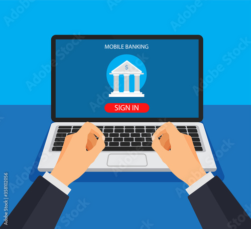 Mobile banking concept. Money transaction, business and mobile payment. Businessman enters bank account. Vector illustration in a flat trendy style.