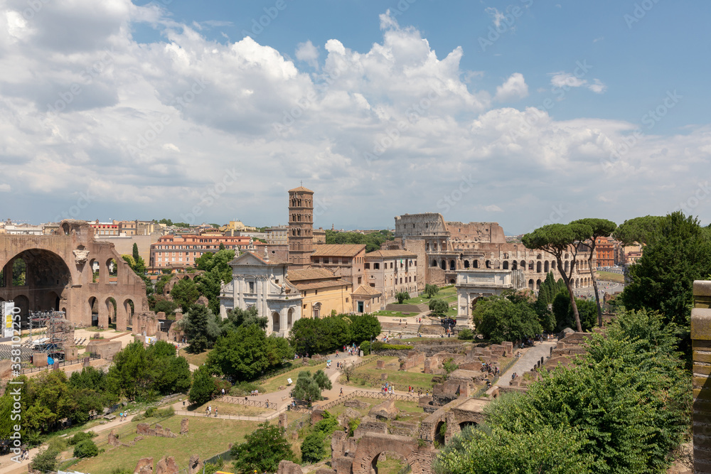 Panoramic view of Roman forum, also known by Forum Romanum from Palatine Hill