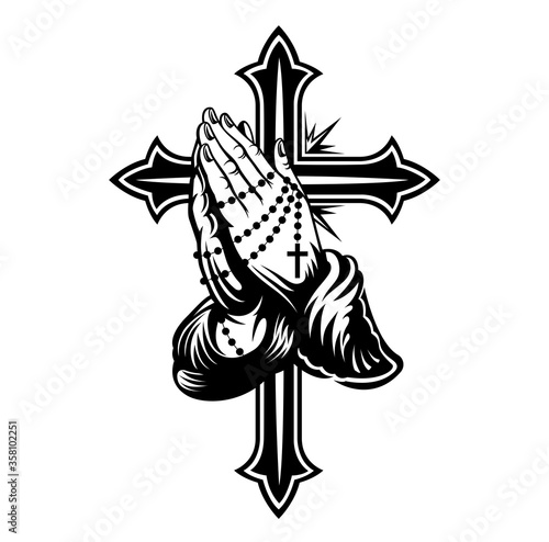 Praying hands with chain and big cross behind it. Vector illustration.