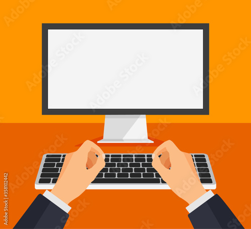 Man working on computer. Boy type or print on a keyboard in front of a blank white monitor. Computer template with empty white screen. Vector illustration.