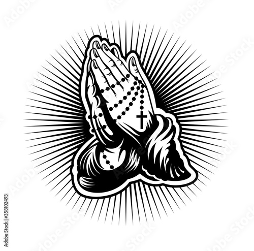 Praying hands with chain and cross in the center of rays. Vector illustration