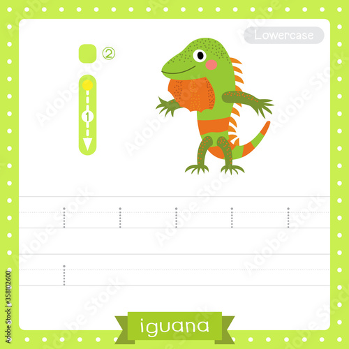 Letter I lowercase tracing practice worksheet. Iguana standing on two legs