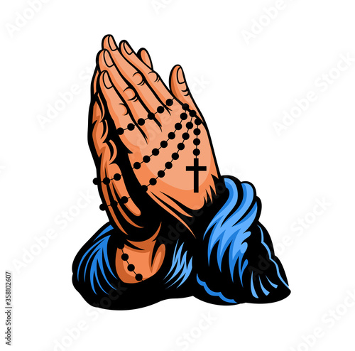 Praying hands with cross on chain around hands. Vector color illustration on white