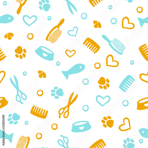 Seamless pattern with tools and supplies. Colorful background for grooming salon and pet shop, t-shirt, apparel print, web page, surface texture and fabrics. Paw, fish, scissors, bowl, nose, cat 