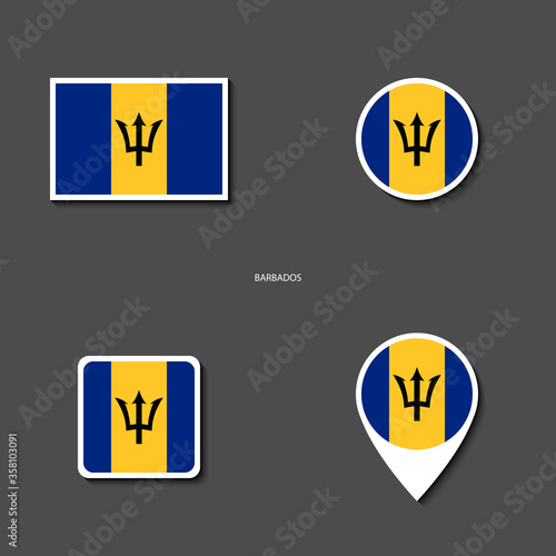 Barbados flag icon set in different shape (rectangle, circle, square and marker icon) on dark grey background. Barbados sticker flag icon collection on barely dark background.
