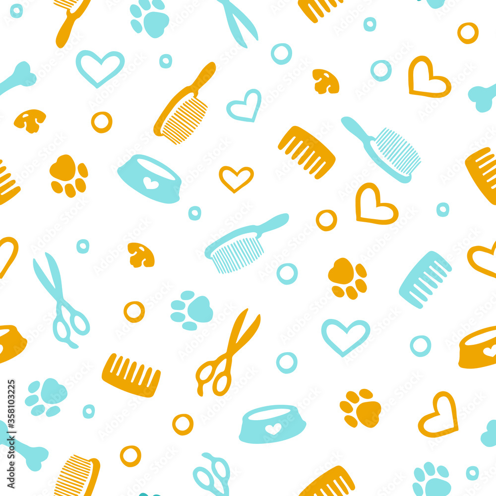 Seamless pattern with tools and supplies. Colorful background for grooming a salon and pet shop, t-shirt, apparel print, web page, surface texture and fabrics. Paw, bone, scissors, bowl, nose, dog 