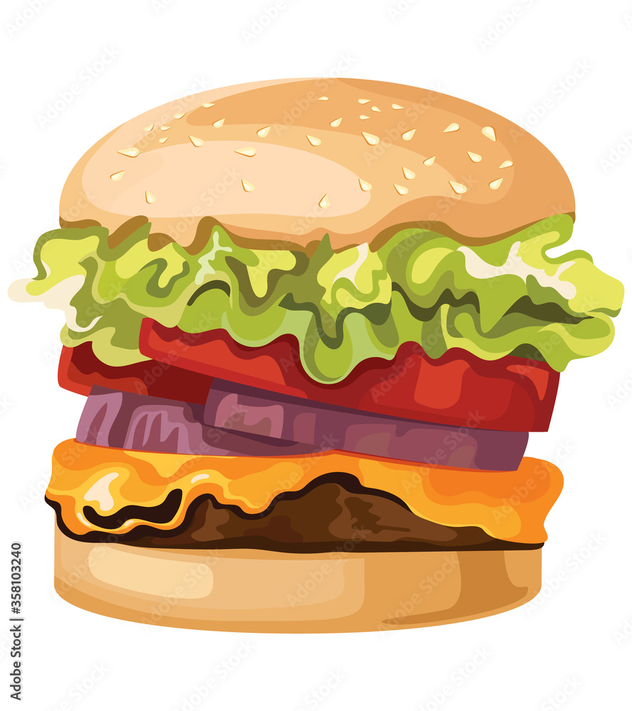 Burger isolated on white background. Fast food in cartoon style. Burger isolated on white background. Fast food in cartoon style.