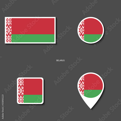 Belarus flag icon set in different shape (rectangle, circle, square and marker icon) on dark grey background. Belarus sticker flag icon collection on barely dark background.