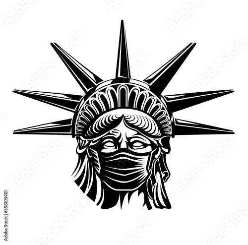 Statue of Liberty resists coronavirus by wearing a save mask. Vector image. COVID 19 danger