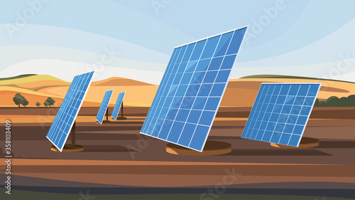 Landscape with solar panels. Alternative energy.
