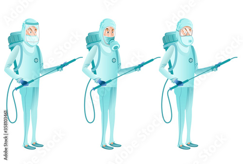 Team of disenfection. Three men in different safe masks with disenfection equipment in their hands