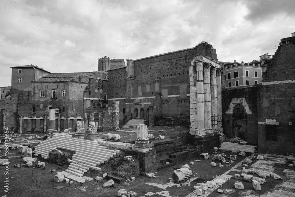 Panoramic view of Temple of Mars Ultor was an ancient sanctuary in forum of Rome