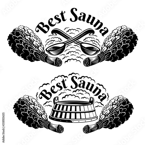 Two Logos for sauna, banya or bathhouse. Two crossed wooden ladles and wooden tub between oak besoms