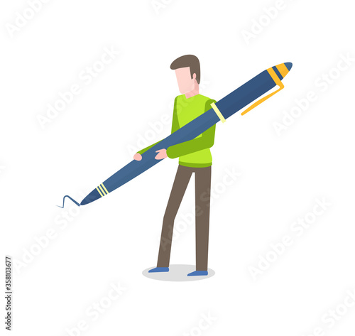 Man writing by pen on white wall isolated person. Vector businessman in casual cloth with ink fountain-pen writing tool flat concept illustration