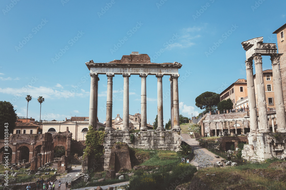 Panoramic view of temple of Vespasian and Titus is located in Rome