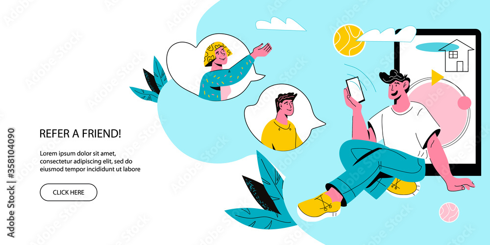 Referral marketing web page interface for Refer A Friend loyalty program with man cartoon character using cellphone to promote business. Flat cartoon vector illustration.