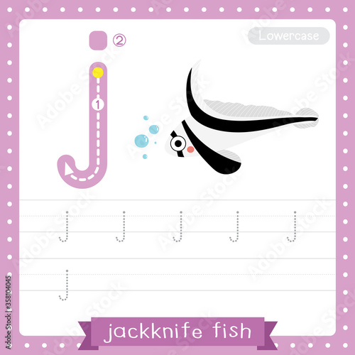 Letter J lowercase tracing practice worksheet of Jackknife Fish