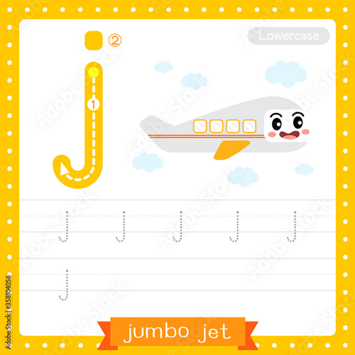 Letter J lowercase tracing practice worksheet of Jumbo Jet