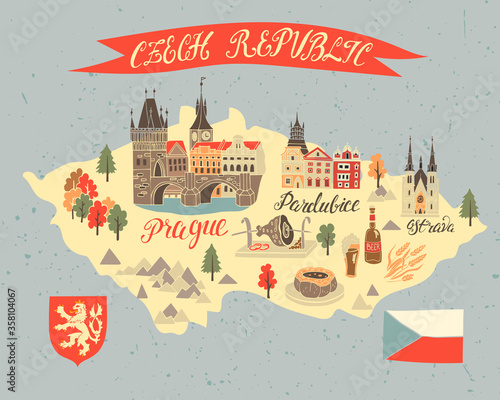 Cartoon map of Czech Republic. Travel and attractions of Eastern Europe. National character
