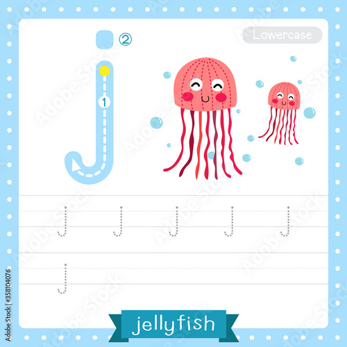 Letter J lowercase tracing practice worksheet of pink Jellyfish