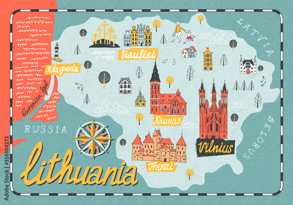 Cartoon map of Lithuania. Travel and attractions of Eastern Europe - obrazy, fototapety, plakaty 
