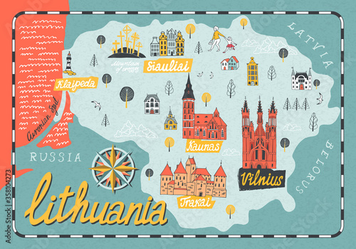 Cartoon map of Lithuania. Travel and attractions of Eastern Europe