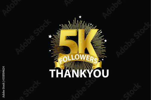 5K,5000 Followers anniversary, minimalist logo years, jubilee, greeting card. invitation. Sign Ribbon Gold space vector illustration on black background - Vector