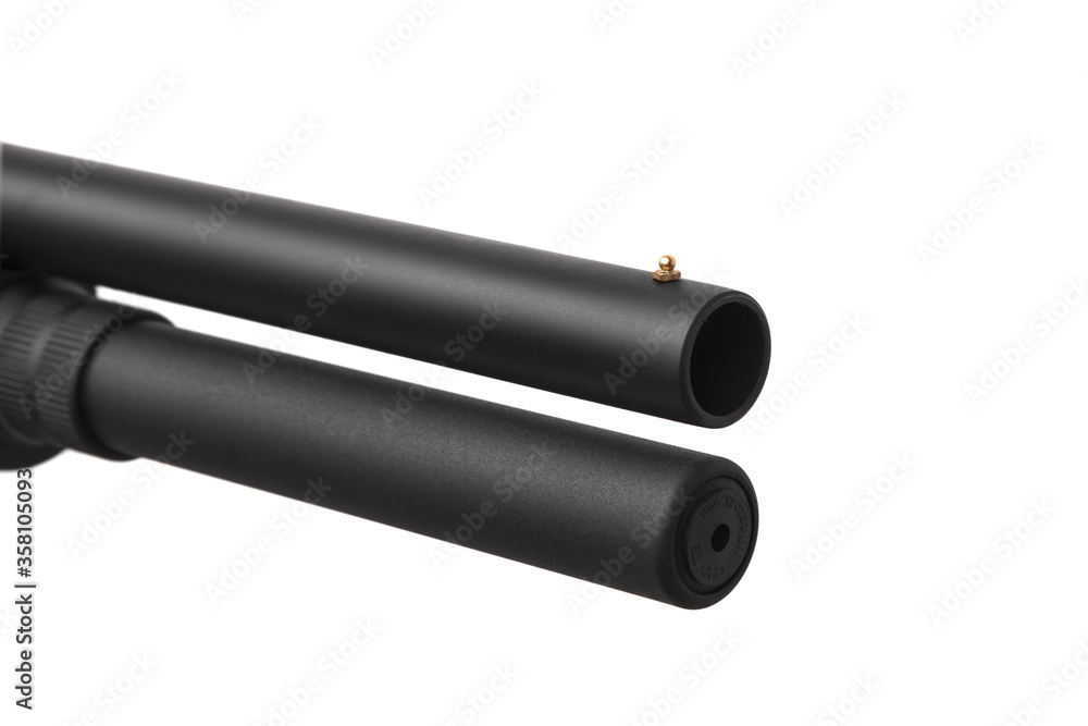 Modern semi-automatic tactical shotgun isolate on white background. Modern weapons on a light background. Modern semi-automatic tactical shotgun isolate on white background. Modern weapons on a light background.