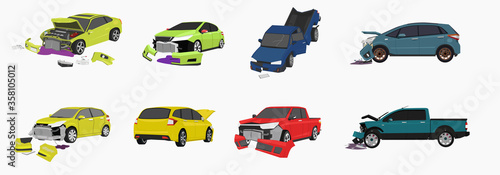 Set of cars in different situations. Car accident on road. The front incident was badly damaged.