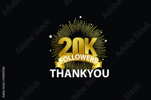 20K,20.000 Followers anniversary, minimalist logo years, jubilee, greeting card. invitation. Sign Ribbon Gold space vector illustration on black background - Vector