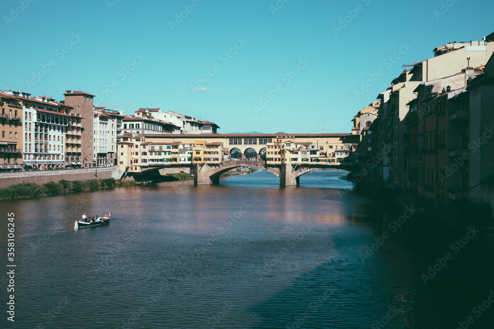 Panoramic view on Ponte Vecchio (Old Bridge) and Arno River, in Florence