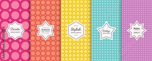 Vector circles seamless patterns collection. Set of colorful background swatches with elegant minimal labels. Abstract textures with circular grid, polka dot design. Pink, orange, yellow, blue, purple © Olgastocker