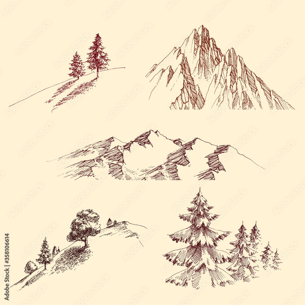 Nature design elements set. Mountain peaks, slopes, hills, pine trees
