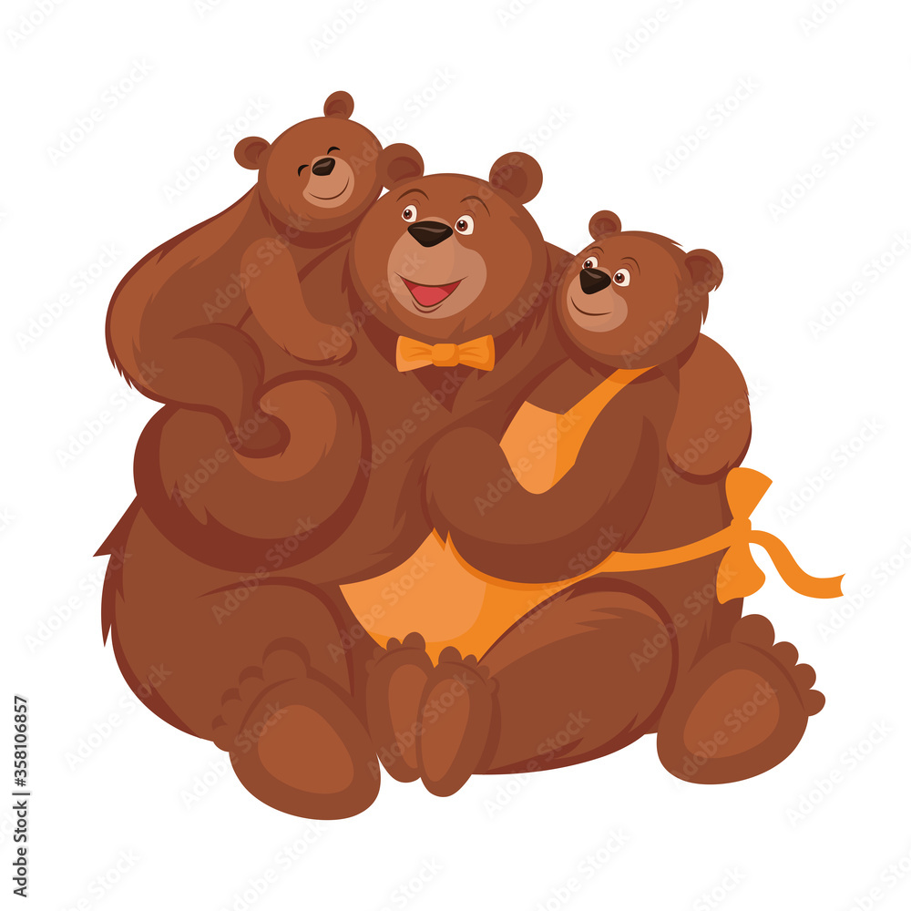 Fototapeta premium Family of bears - father, mother and child in cartoon style. Vector illustration isolated on white background