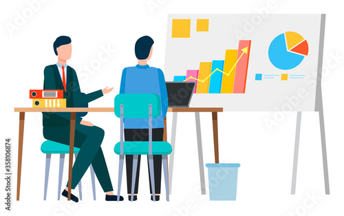Chars and information on whiteboard. People looking at board brainstorming. Company workers on meeting, conference between boss and employee. Male character with businessman, vector in flat style
