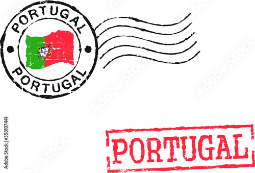 Two postal portuguese stamps. Grunge texture. White background.