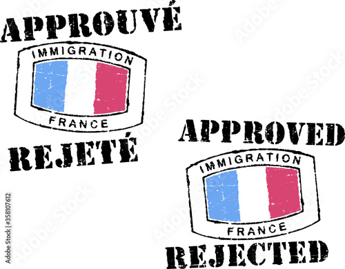 Passport stamps ''Immigration-approved/rejected-France''. French and english inscription.