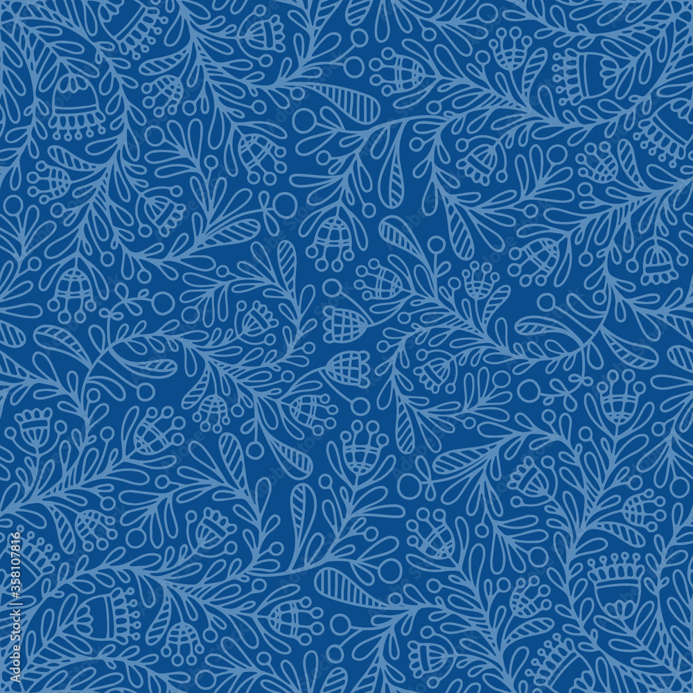 Vector seamless pattern with flowers. Hand drawn doodle background with flowers, leaves and berries. Abstract nature illustration in blue colors.