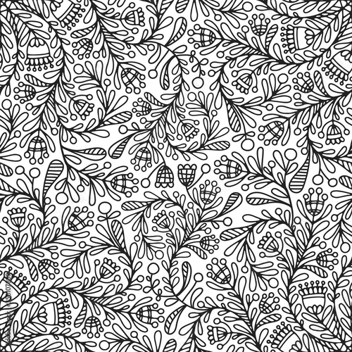 Vector seamless pattern with flowers. Hand drawn doodle background with flowers, leaves and berries. Abstract nature illustration. Outline. Coloring page.