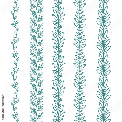 Hand drawn seamless floral design elements set. Leaves and flowers endless sketch drawing. Floral brushes.