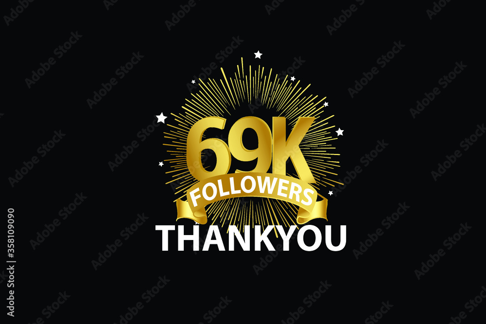 Naklejka premium 69K,69000 Followers anniversary, minimalist logo years, jubilee, greeting card. invitation. Sign Ribbon Gold space vector illustration on black background - Vector